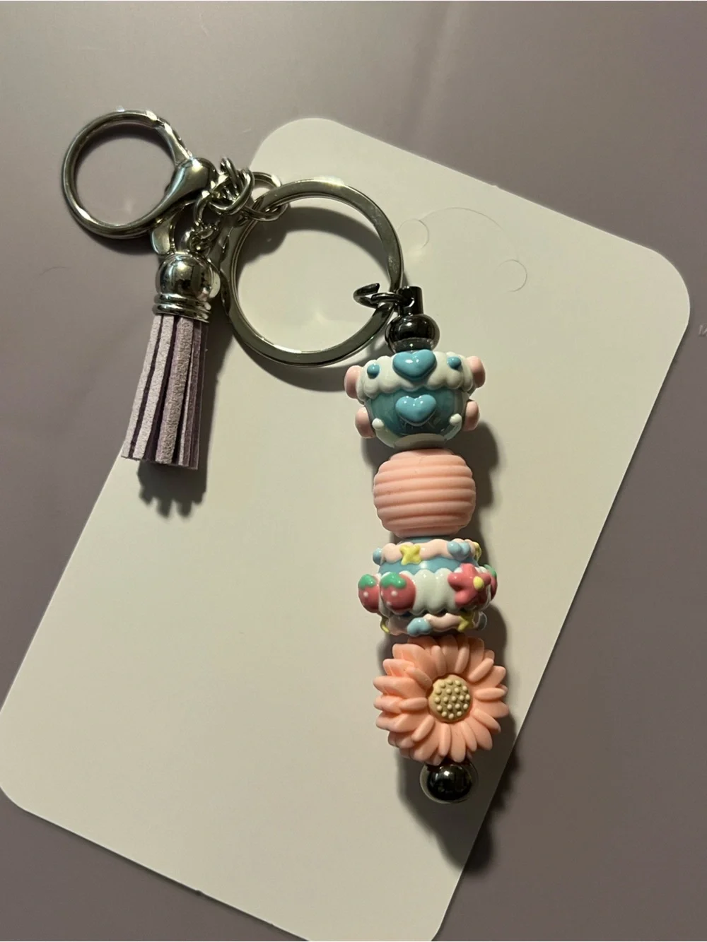 Kids Pastel Flower & Heart Bead Keychain - Pink/Blue